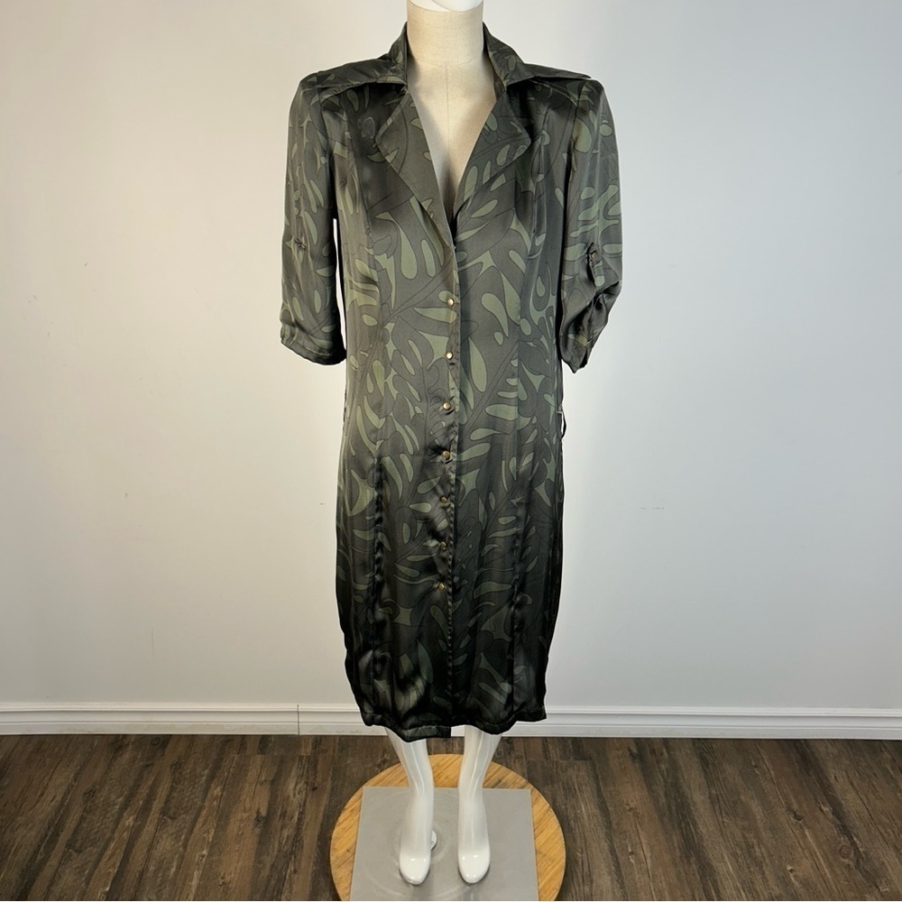 Vintage Linea Domani Whimsigoth Dark Green Patterned Midi Shirt Dress - Size 8